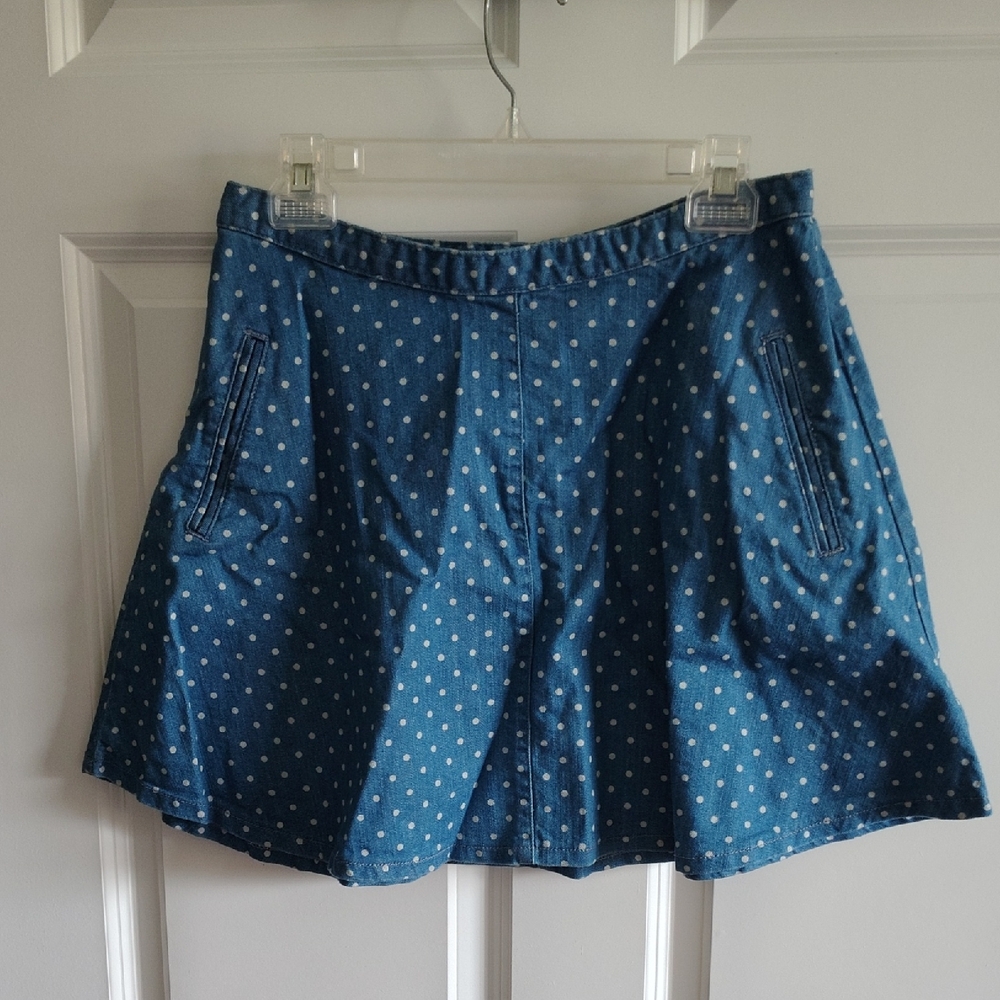 Life in Progress Blue Denim Skirt with White Polka Dots
